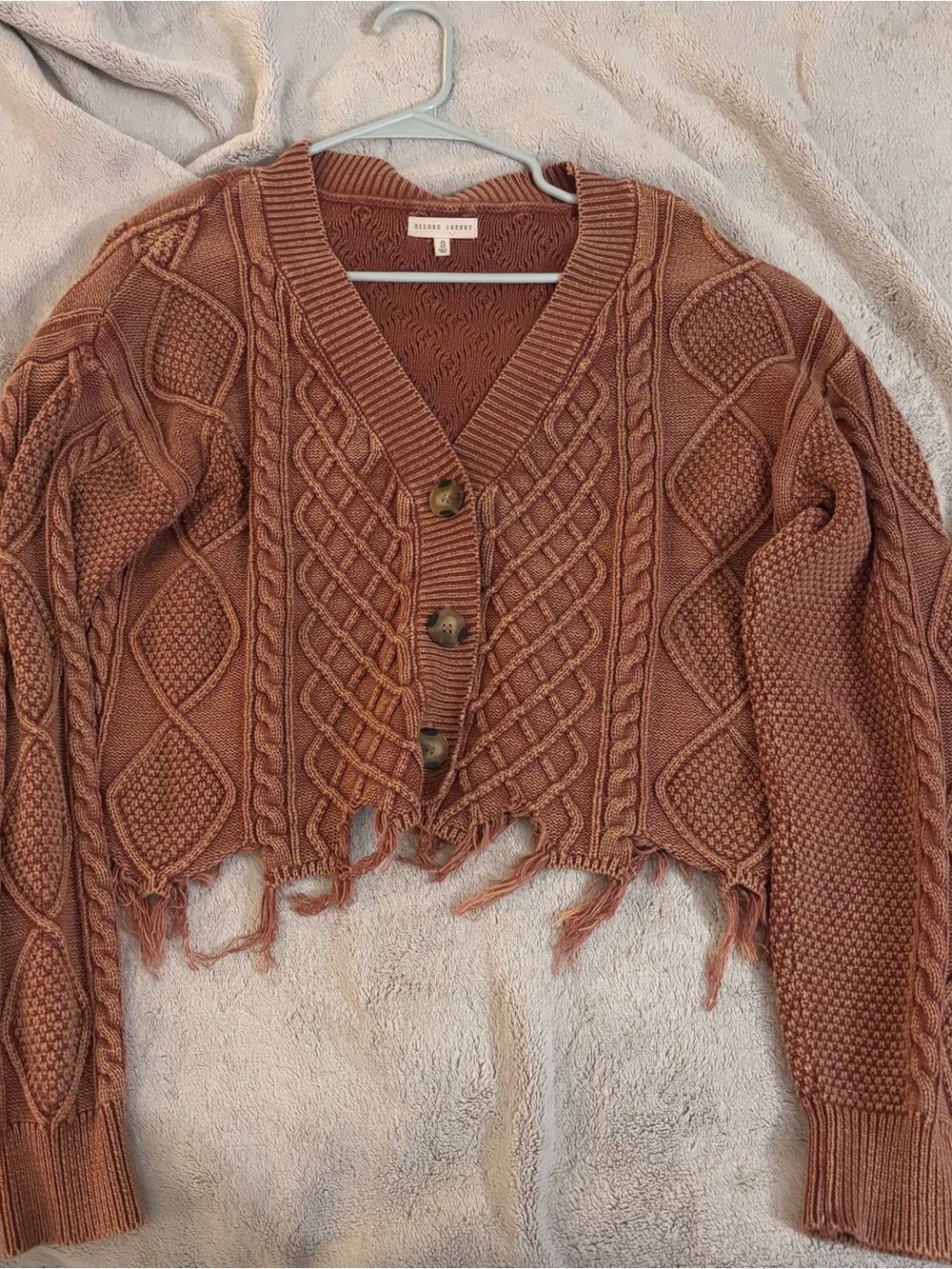 Gilded Intent Rust Distressed Cable Knit Cropped Cardigan